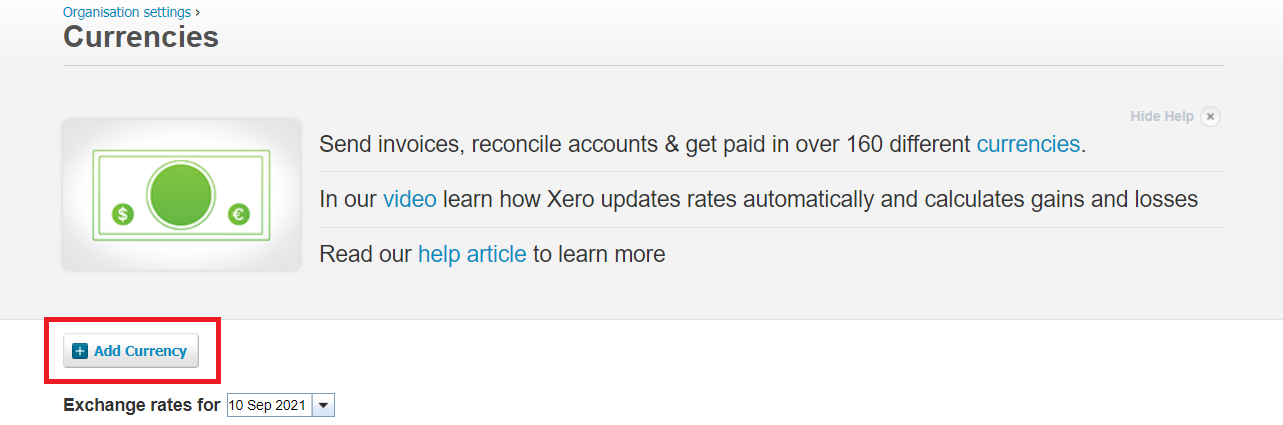 Add currency in Xero.